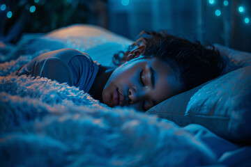 close up african teen girl sleeping in bed at night. black child sleep hygiene concept good night rest and wellness - obrazy, fototapety, plakaty
