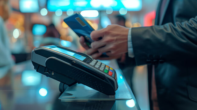 Person is using a smartphone to make a contactless payment at a POS (Point of Sale) terminal.