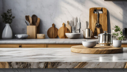 Wooden table on blurred kitchen bench background. Empty wooden table and blurred kitchen background