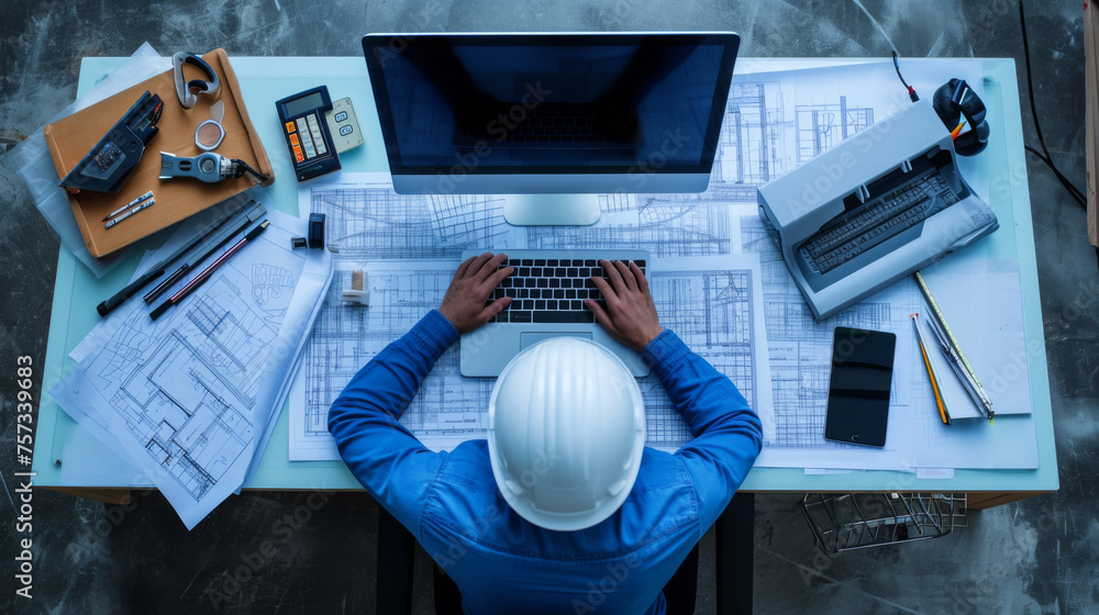 Poster overhead shot of an architect working at a desk with blueprints