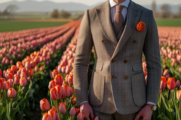 Behangcirkel Man in checkered suit standing in front of tulip field with hands in pockets © agnes