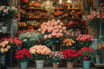 Fototapeta na wymiar A bustling flower shop on Valentine's Day, with bouquets of roses and romantic arrangements