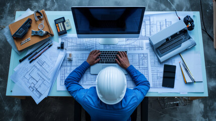 overhead shot of an architect working at a desk with blueprints