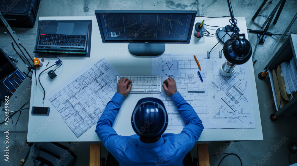 Poster overhead shot of an architect working at a desk with blueprints