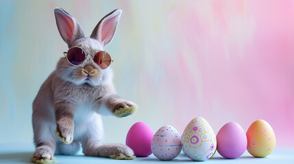 Fototapeta na wymiar Easter bunny wearing sunglasses and colourful Easter eggs on gradient pink background