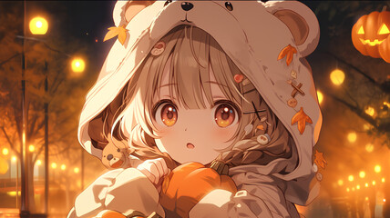 anime little girl wearing adorable Halloween costume carrying pumpkin