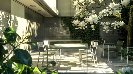 A modern garden patio with a row of sleek metal chairs and a glass table under a flowering magnolia...