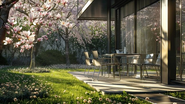 A modern garden patio with a row of sleek metal chairs and a glass table under a flowering magnolia tree. The chairs would be a shiny silver and the table would have a smoked glass top.