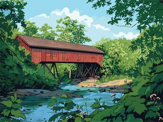 a painting of a covered bridge over a river