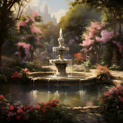 A tranquil garden with a fountain and blooming flowers - obrazy, fototapety, plakaty