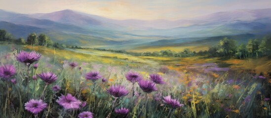 Fototapeta premium A stunning painting capturing a meadow of purple flowers under a blue sky, with majestic mountains in the background adding to the natural landscape scene