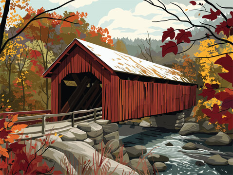 A painting of a red covered bridge over a serene river in a natural landscape