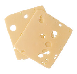 maasdam cheese slices with holes closeup, swiss cheese isolated 