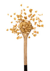 crunchy granola in wooden spoon isolated