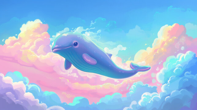A charming cartoon whale floating among fluffy pastel colored clouds in a dreamy sky illustration