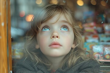 A child eagerly peering into a candy store's window, eyes wide with excitement
