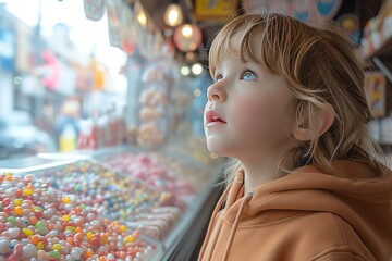 A child eagerly peering into a candy store's window, eyes wide with excitement