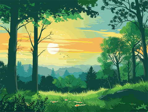 Nature painting trees, sunset, green grass, cloudy sky, natural landscape