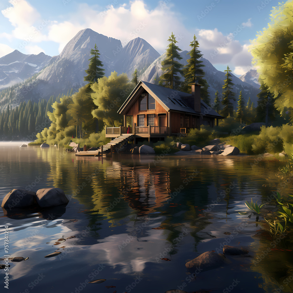 Poster A tranquil lakeside cabin surrounded by mountains