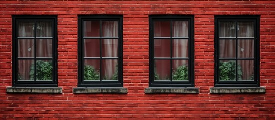 Fototapeta premium A series of rectangular windows with brown wooden fixtures on a red brick building, showcasing the traditional brickwork as a building material in real estate
