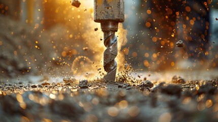 metal drill bit make holes in concrete wall on industrial drilling machine with shavings. Metal work industry. AI generated illustration - obrazy, fototapety, plakaty