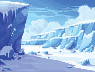 Cartoon snowy landscape with ice, rocks, azure sky and fluffy clouds