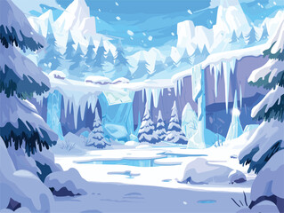 Cartoon snowy mountain landscape with frozen waterfall and snowcovered trees