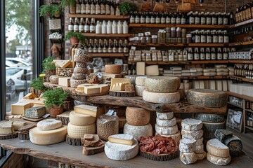 A gourmet cheese shop, with wheels of artisanal cheese and charcuterie boards
