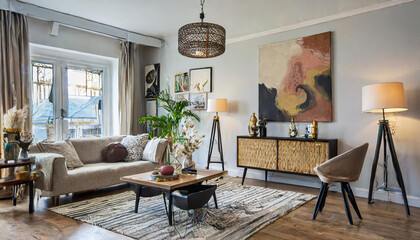 Stylish scandi compostion at living room interior with design gray sofa wooden coffee table shelf...