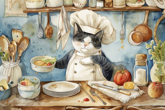 Playful depiction of a cute cat happily engaged in cooking endeavors, surrounded by vintage-inspired clipart kitchen items, rendered in charming watercolor style that evokes a sense of nostalgia and