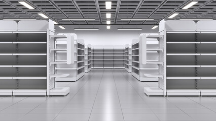 Supermarket interior mockup with empty shelves. 3d illustration