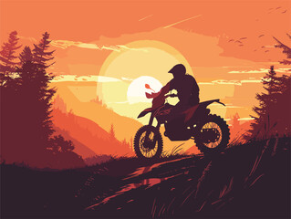 Man riding motorcycle down hill at sunset, tire tread cutting through landscape