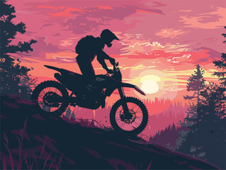 Man on motorcycle climbs hill at sunset with sky and clouds in background