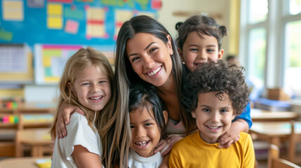 Fototapeta premium female teacher is being hugged joyfully by two young children