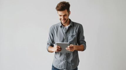 cheerful young man is looking at a tablet he is holding with an amused expression, wearing a grey shirt against a soft white background