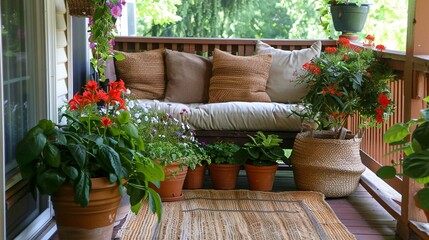 Fototapeta na wymiar A rustic porch with a wooden couch stained a deep brown, a braided jute rug, and terracotta pots overflowing with flowering plants. The feel would be warm and natural.