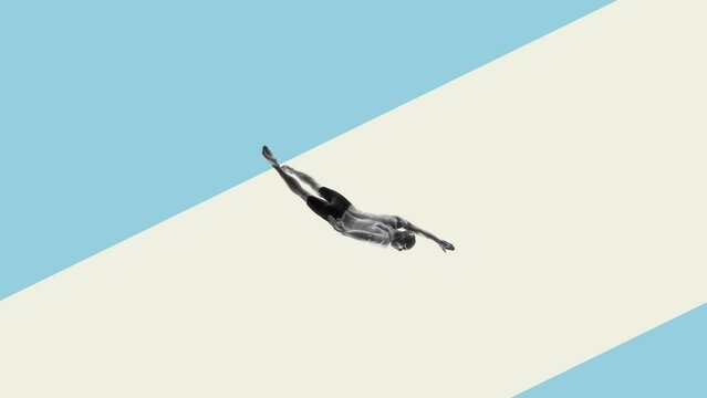 Stop motion, animation. Muscular athletic young man, swimmer in motion, swimming, training over blue white background. Contemporary art. Concept of sport, competition, vacation, hobby