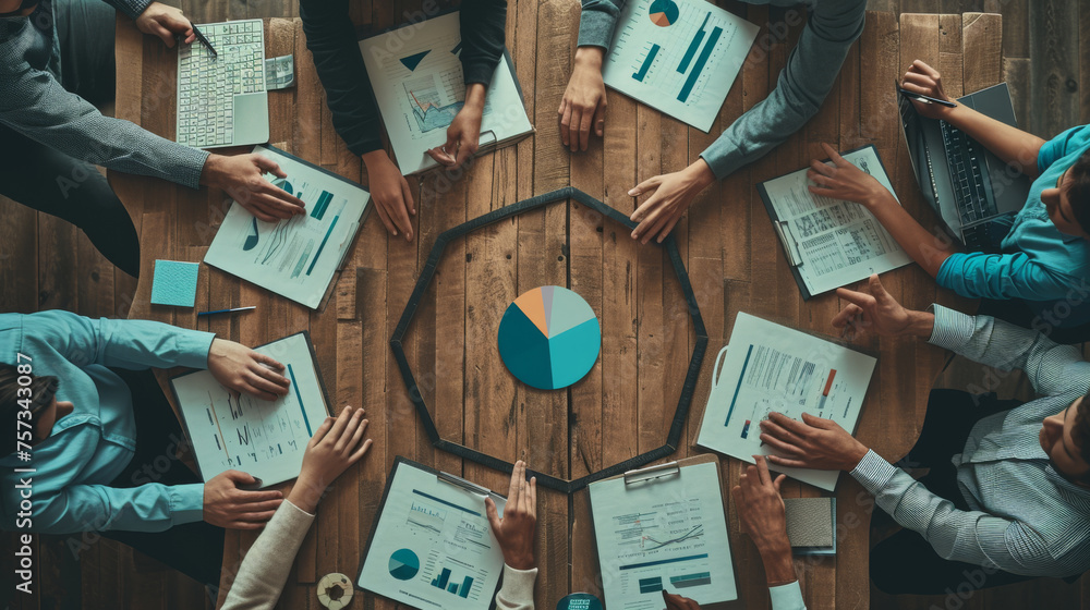 Poster top view of several people's hands pointing and reaching towards a colorful pie chart on a table sur