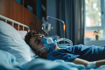 A young man wearing an oxygen mask, sleeping in a bed, recovering from an illness - obrazy, fototapety, plakaty