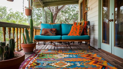 A southwestern porch with a turquoise couch, a colorful woven rug with geometric patterns, and...