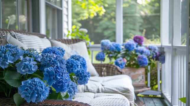 A screened-in porch with a cozy couch and blue hydrangeas. 