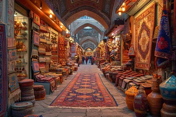 Rideaux velours Ruelle étroite A lively bazaar in Istanbul, where visitors browse intricate rugs, jewelry, and aromatic spices