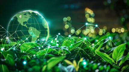 Planet earth globe on green grass with tech elements, green energy markets, economic insights, technology in sustainability