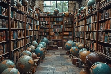 A quaint bookshop in a historic European town, its shelves stacked with leather-bound volumes and antique globes