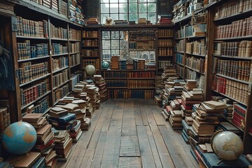 A quaint bookshop in a historic European town, its shelves stacked with leather-bound volumes and...