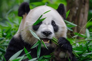 Panda Bear Eating Bamboo, Bifengxia Panda Reserve in Ya'an Sichuan Province, China. Panda looking...