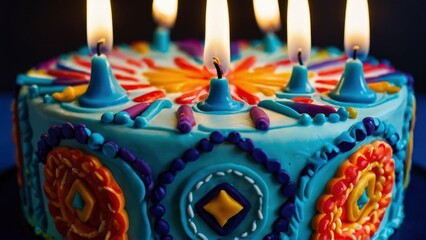 A vibrant and colorful birthday cake sitting on a deep blue table, adorned with flickering candles of all shapes and sizes. The icing is perfectly smooth and the candles are arranged in a playful, asy
