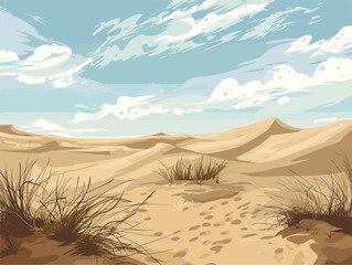 Fototapeta na wymiar Cartoon desert landscape with sand dunes, grass, and bright blue sky