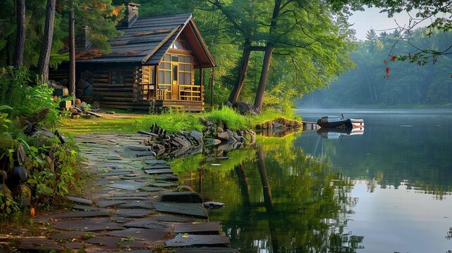 A stone path leading to a wooden house by a lake. This image would be a beautiful and serene scene. The house could be reflected in the water, and there could be a small boat docked nearby.
