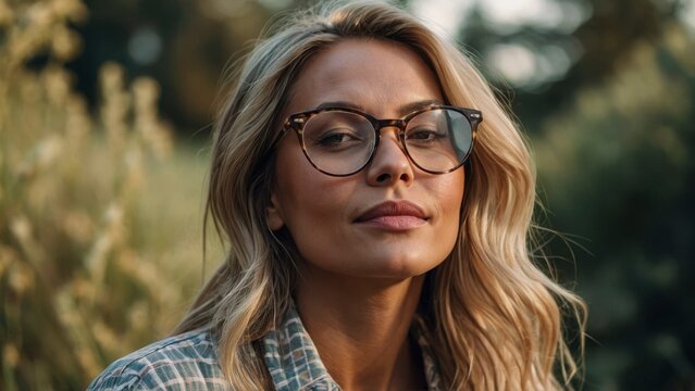 An interesting and visually descriptive image of a woman with glasses, fully immersed in the serenity of the outdoors. The range of styles and variations in the rendering will showcase the woman's inn